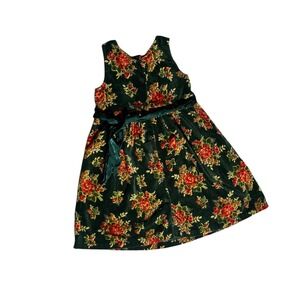 Cornelioki Girls Floral Dress Velvet Green Red Vintage Size 3/4 Buttons